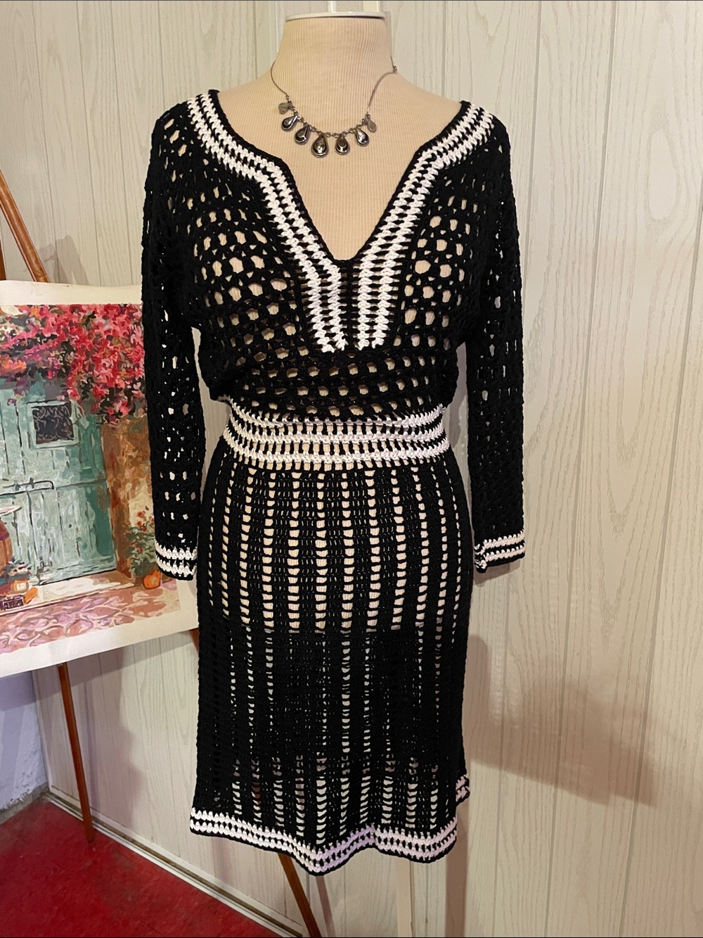 CATHERINE MALANDRINO OPEN CROCHET DRESS TOP MINI COTTON KNIT SZ 0